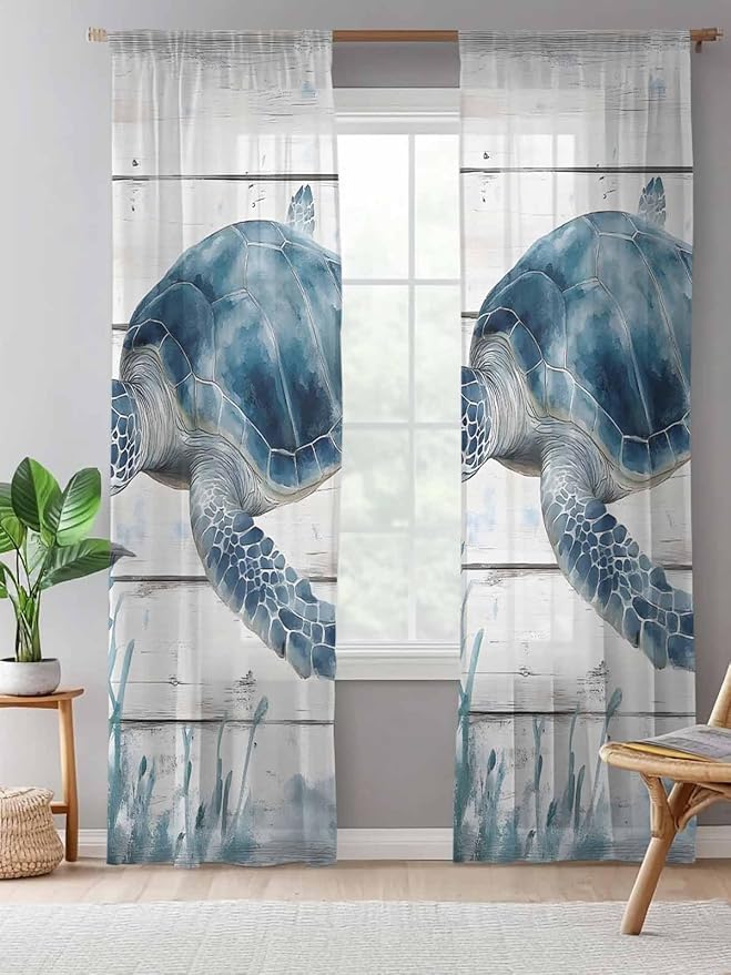 Sheer Curtains 84 Inches Long, Ocean Sea Turtle Semi Sheer Curtains Light Filtering Window Treatment, Coastal Seaweed Vintage Wood Grain Privacy Voile Drapes for Living Room Bedroom 52x84 Inch