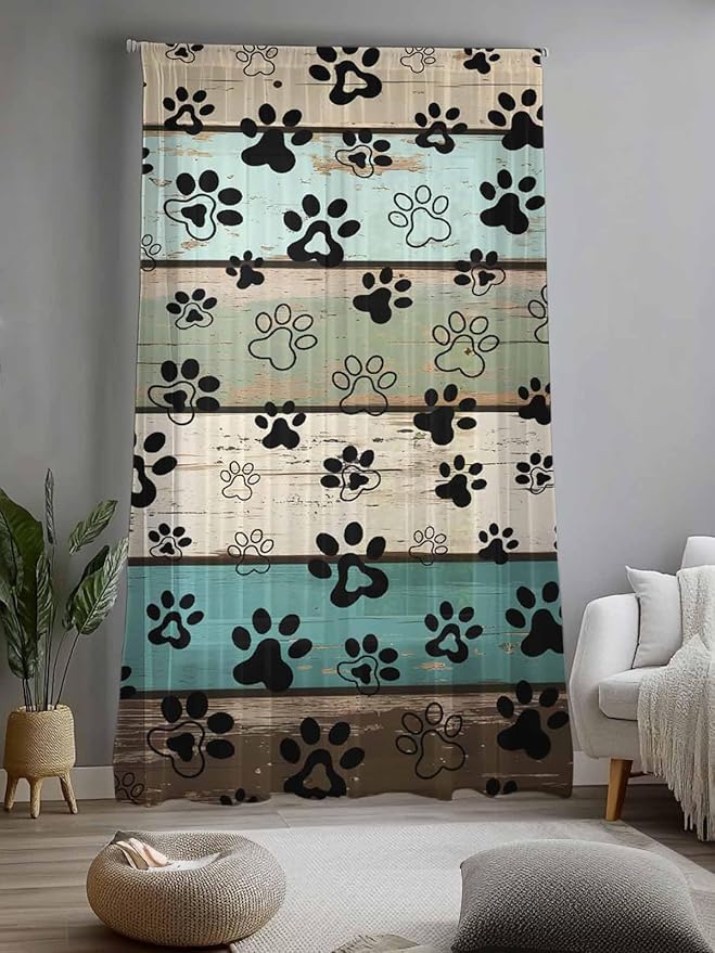 Sheer Curtains 96 Inches Long, Sage Green Brown Paw Prints Semi Sheer Curtains Light Filtering Window Treatment, Vintage Farmhouse Wooden Grain Privacy Voile Drapes for Living Room Bedroom 52x96 Inch