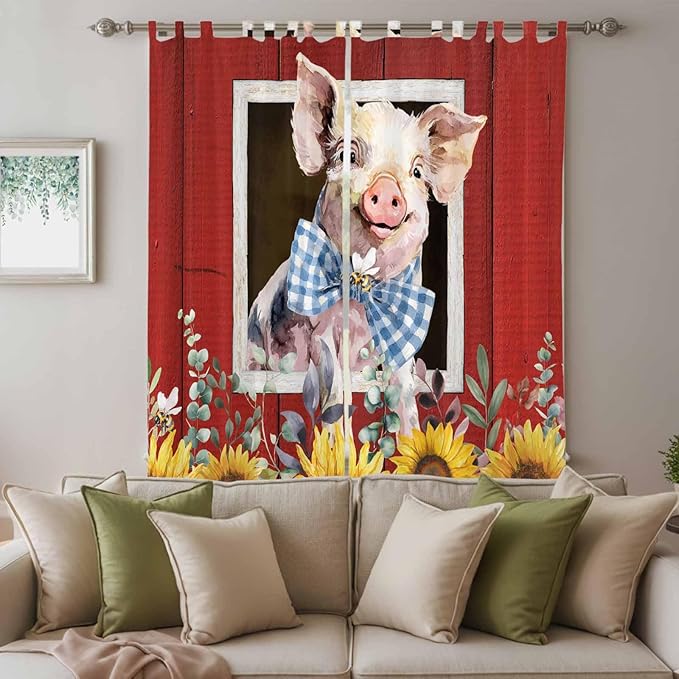 Pig Sunflowers Living Room Curtains 84 Inch Length, Window Curtains Tab Top, Eucalyptus Leaves Floral Bees Red Barn Light Filtering Window Treatments Drapes 52"x84" 2 Panel