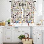Easter Grey Bunny Kitchen Curtains Set 3 Piece for Windows,Rod Pocket Valance and Tier Set 24 Inch Length,Spring Colorful Eggs Flower Wooden Grain Light Filtering Cafe Curtains for Living Room