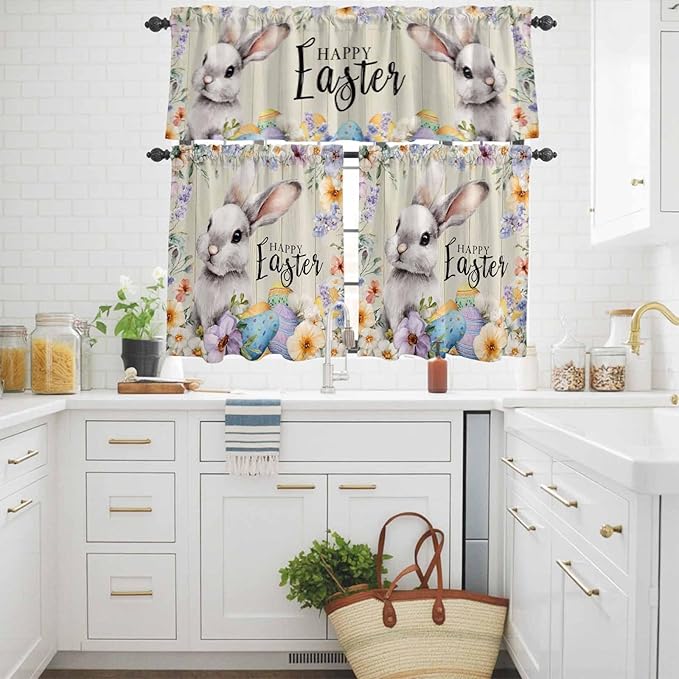 Easter Grey Bunny Kitchen Curtains Set 3 Piece for Windows,Rod Pocket Valance and Tier Set 36 Inch Length,Spring Colorful Eggs Flower Wooden Grain Light Filtering Cafe Curtains for Living Room