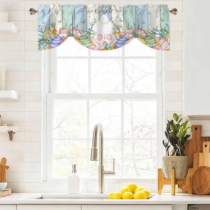Easter Tie Up Valance Curtains for Windows, Kitchen Curtains Window Shades, Spring Rabbit Ears Foot Flowers Eggs Green Wooden Light Filtering Roman Curtain Valances for Bedroom/Bathroom/Cafe 60"x18"