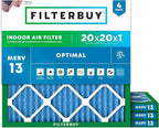 Filterbuy 20x20x1 Air Filter MERV 13 Optimal Smoke & Allergy Defense (4-Pack), Electrostatic Pleated HVAC AC Furnace Filters Replacement, Made in USA (Actual Size: 19.50 x 19.50 x 0.75)