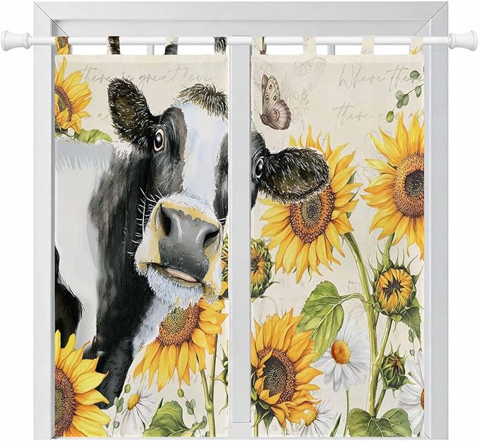 Yellow Sunflowers Bathroom Curtains 63 Inch Length, Window Curtains Tab Top, Country Cow Flower Butterfly Farmhouse Cream Light Filtering Window Treatments Drapes 52"x63" 2 Panel