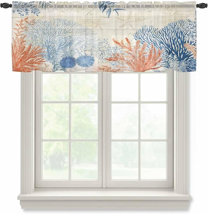 Ocean Corals Sheer Valance Curtains, Summer Beach Coral Sea Stars Retro Texture Light Filtering Kitchen Valances Rod Pocket Voile Curtain Window Treatment for Bedroom/Living Room/Basement 42Wx18L