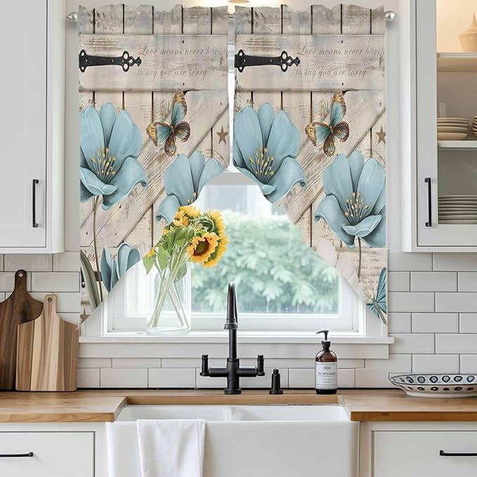 Teal Blue Tulips Swag Valances for Windows, Spring Floral Barn Doors Vintage Wood Beige Rod Pocket Kitchen Curtains Valance, Small Window Curtains Swag for Cafe Living Room, 2 Panels, 36x36 inch