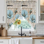 Teal Blue Tulips Swag Valances for Windows, Spring Floral Barn Doors Vintage Wood Beige Rod Pocket Kitchen Curtains Valance, Kitchen Window Curtains Swag for Cafe Living Room, 2 Panels, 36x45 inch