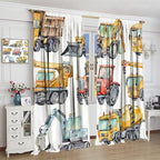 Kids Excavator Curtains, Retro Truck Tractor Machinery Construction Vehicle Crane Digger Mixer Rod Pocket Decorative Windows Curtain for Teens Girls Boys Room 72x63in (30% Blackout)