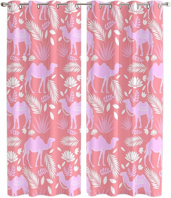 2 Panel Kitchen Cafe Curtains, Desert Camel Sunlight Filtering Nature Air Through, Window Decor Tier Curtains for Living Room 104W x 96L inch Vintage Sand Camel Leaves Flower Pattern Pink