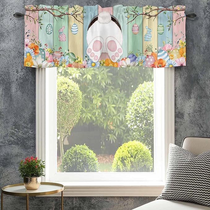 Easter Curtain Valances for Windows, Kitchen Valance Window Treatment, Spring Colorful Bunny Eggs Flower Wood Grain Light Filtering Block Curtains for Bathroom/Bedroom/Living Room 54'' x 18''