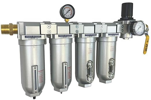 1/2" NPT Industrial (5-Stage) Moisture Removing Particulate Filter and Oil Removing Coalescing Filter and Two Desiccant Air Dryers and Air Pressure Regulator
