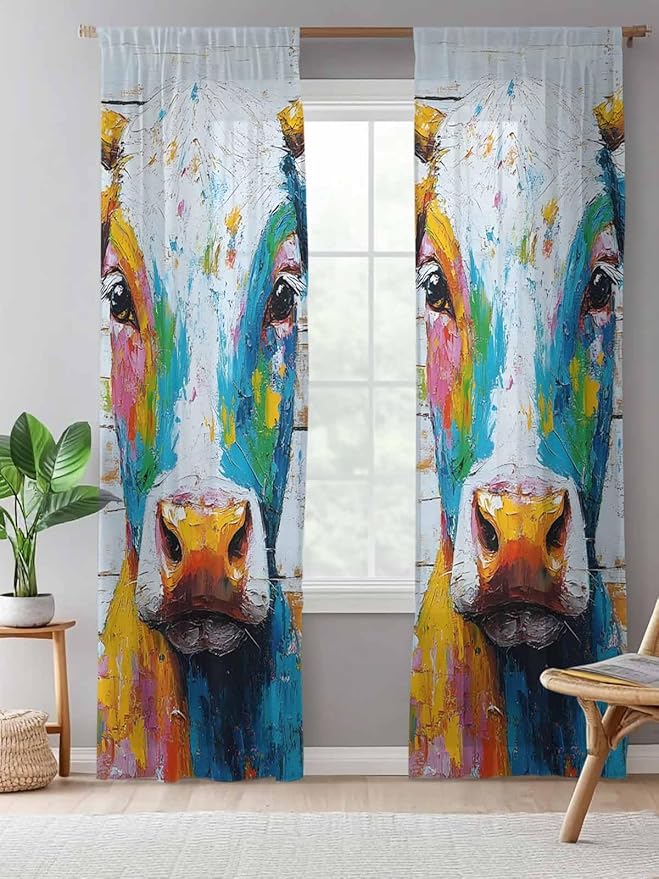 Sheer Curtains 96 Inches Long, Funny Colorful Cow Semi Sheer Curtains Light Filtering Window Treatment, Retro Rustic Oil Painting Wood Grain Privacy Voile Drapes for Living Room Bedroom 52x96 Inch