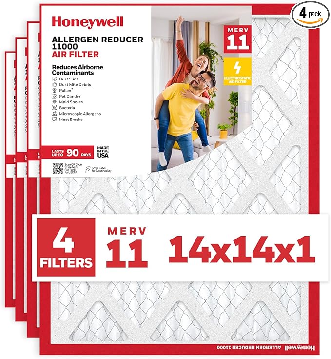 Honeywell 14x14x1 MERV 11 Allergen Reducer 11000 Electrostatic Pleated HVAC AC Furnace Air Filter (4-Pack) | Replacement Filter for Home Use | Made in USA