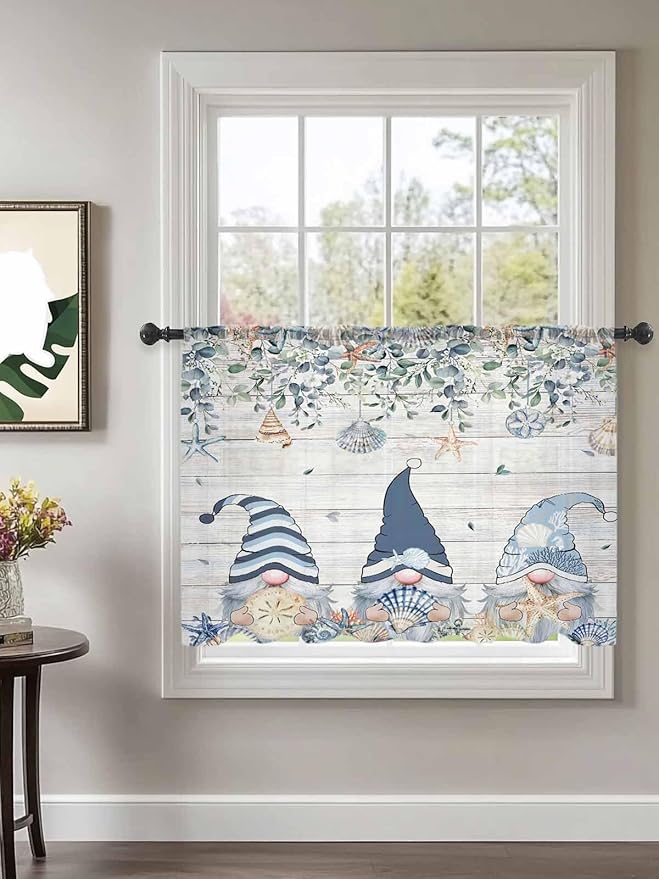 Sheer Curtains 45 Inch Length, Coastal Eucalyptus Leaf Semi Sheer Curtains Light Filtering Window Treatment, Ocean Blue Gnomes Starfish Wood Grain Privacy Voile Drapes for Living Room 52x45 Inch