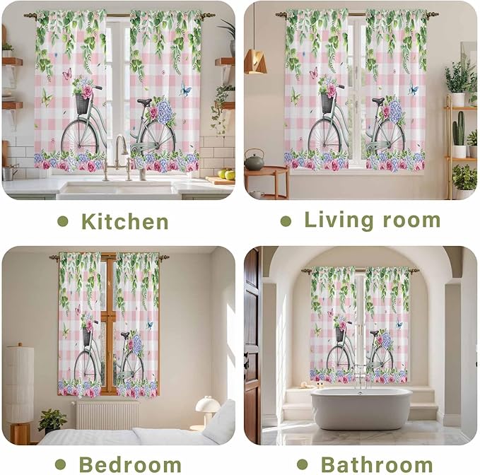 Spring Kitchen Curtains, Bicycles Leaves Butterfly Flowers Pink Buffalo Plaid Light Filtering Window Curtain Panels, 2Pcs Rod Pocket Window Treatments Set for Living Room Bathroom Bedroom 42x63 Inches