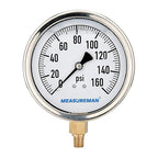 MEASUREMAN 4" Dial Size, Glycerin Filled Plumbing Pressure Gauge, 0-160psi, Stainless Steel Case, 1/4" NPT Lower Mount