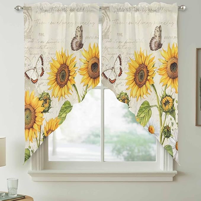 Farm Sunflowers Swag Valances for Windows, Retro Flowers Butterfly Botanical Beige Rod Pocket Kitchen Curtains Valance, Small Window Curtains Swag for Cafe Bathroom Living Room, 2 Panels, 36x36 inch