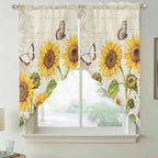 Farm Sunflowers Swag Valances for Windows, Retro Flowers Butterfly Botanical Beige Rod Pocket Kitchen Curtains Valance, Small Window Curtains Swag for Cafe Bathroom Living Room, 2 Panels, 28x36 inch