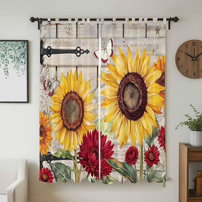 Red Yellow Sunflowers Living Room Curtains 84 Inch Length, Window Curtains Tab Top, Retro Rustic Barn Doors Butterfly Brown Light Filtering Window Treatments Drapes 52"x84" 2 Panel