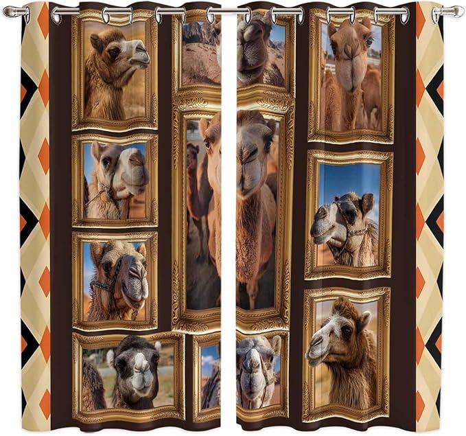 2 Panel Kitchen Cafe Curtains, Wildlife Camels Sunlight Filtering Nature Air Through, Home Decor Window Covering Tier Curtains for Living Room 80W x 63L inch Deserts Animals Brown Geometric Rustic