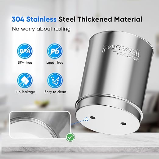 Purewell 8-Stage 0.01μm Ultra-Filtration Water Filter System, 304 Stainless Steel Countertop System with 4 Filters, Metal Water Level Spigot and Stand, Reduce Fluoride and Chlorine, 2.25G, PW-OB-CF