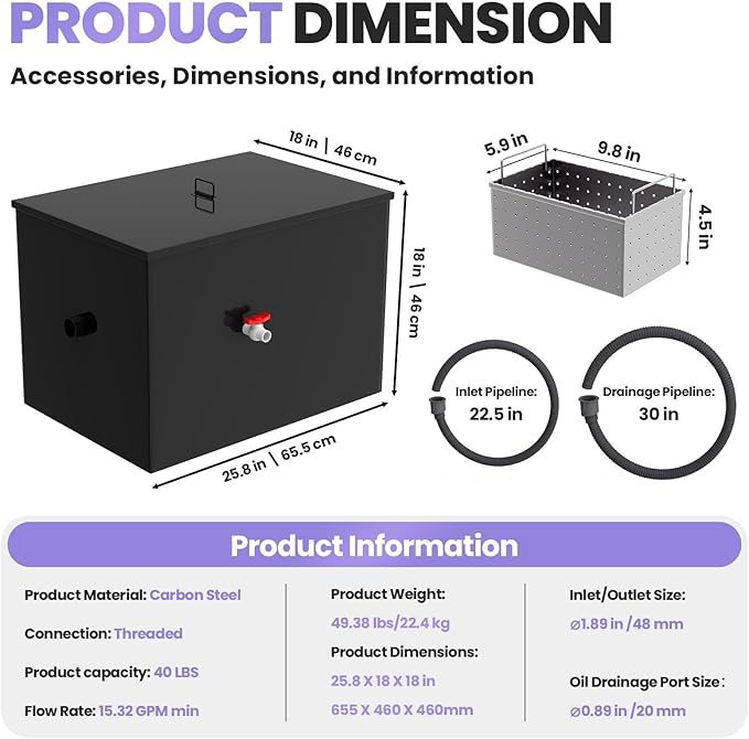 Grease Trap 40 LBS Commercial Carbon Steel Interceptor, 15 GPM Flow Rate Under Sink Design, Dual Filter Tube for Restaurant Home Kitchen Food Processing Plant Wastewater Separation