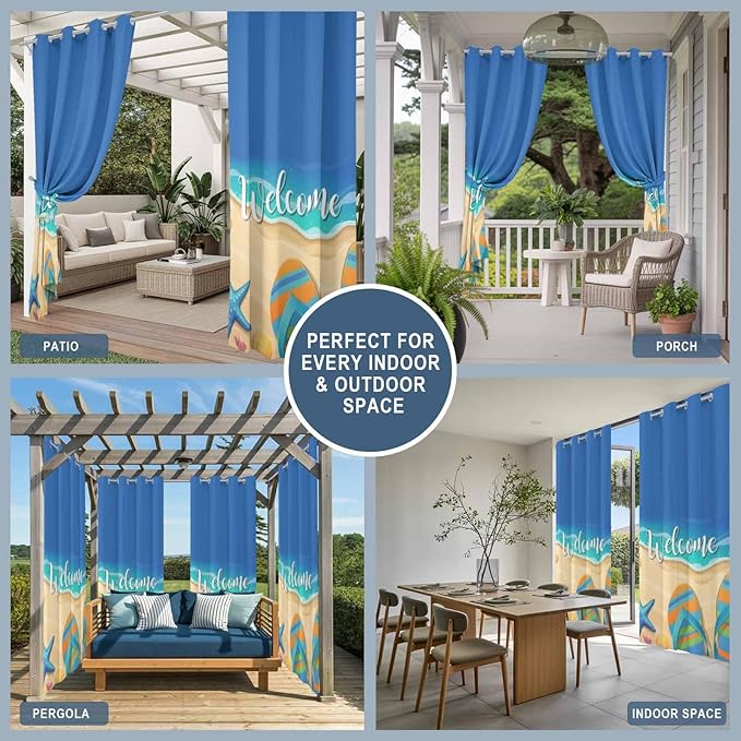 Summer Outdoor Curtains for Patio Beach Slippers Plumeria Waterproof Outside Curtains with Grommet Top Weatherproof Curtain for Cabana Pergola Gazebo, 1 Panel, 54" W x 95" L