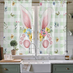 Easter Window Curtains 63 Inch Long 2 Panel Set, Rod Pocket Bedroom Curtains & Drapes, Spring Bunny Ears Feet Flowers Green Plaid Light Filtering Window Treatment for Living Room 42"W x 63"L