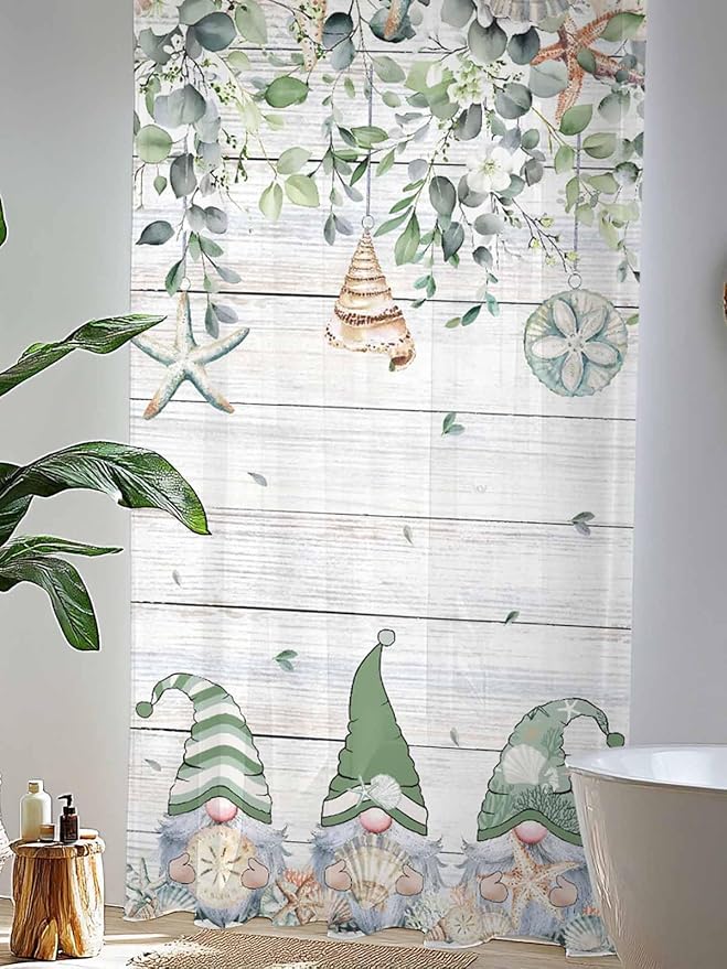 Sheer Curtains 96 Inches Long, Coastal Eucalyptus Leaf Semi Sheer Curtains Light Filtering Window Treatment, Sage Green Gnomes Starfish Privacy Voile Drapes for Living Room Bedroom 52x96 Inch