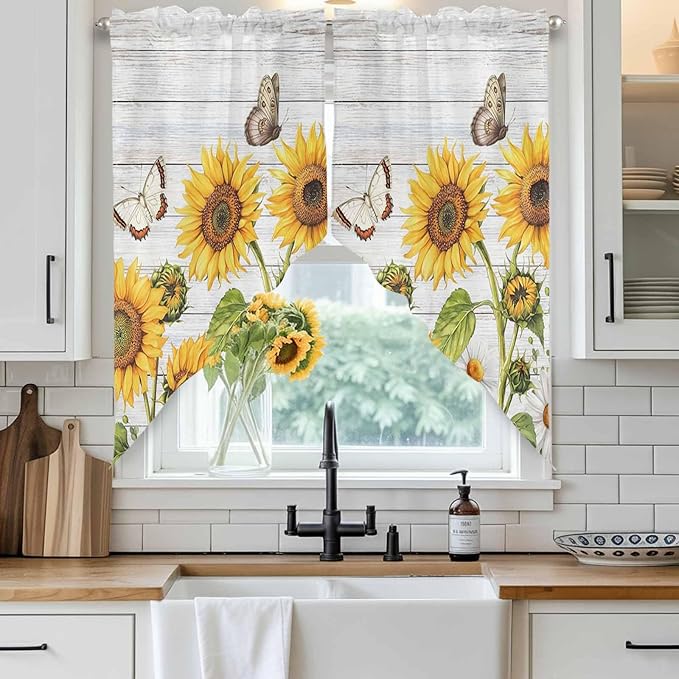 Yellow Sunflowers Swag Valances for Windows, Vintage Country Flowers Butterfly Wood Board Rod Pocket Kitchen Curtains Valance, Kitchen Window Curtains Swag for Cafe Living Room, 2 Panels, 36x63 inch