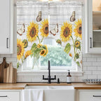 Yellow Sunflowers Swag Valances for Windows, Vintage Country Flowers Butterfly Wood Board Rod Pocket Kitchen Curtains Valance, Small Window Curtains Swag for Cafe Living Room, 2 Panels, 28x36 inch