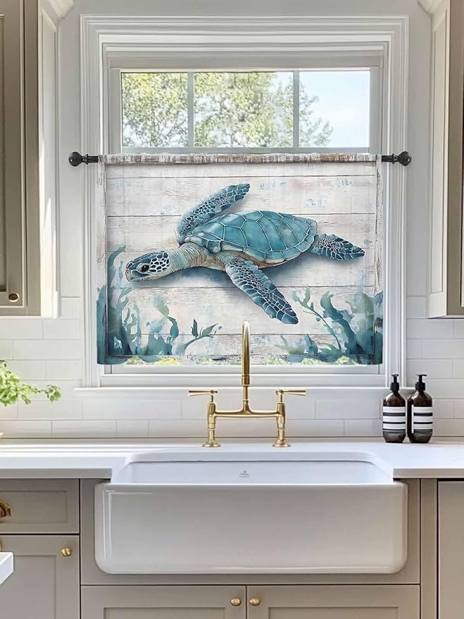 Sheer Curtains 54 Inch Length, Teal Green Sea Turtle Semi Sheer Curtains Light Filtering Window Treatment, Summer Ocean Seaweed Wood Grain Privacy Voile Drapes for Living Room Bedroom 52x54 Inch