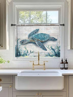 Sheer Curtains 54 Inch Length, Teal Green Sea Turtle Semi Sheer Curtains Light Filtering Window Treatment, Summer Ocean Seaweed Wood Grain Privacy Voile Drapes for Living Room Bedroom 52x54 Inch