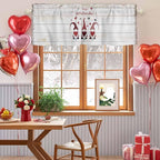 Happy Valentine's Valance Curtains for Kitchen, Day Gnomes Love Heart on Rustic Wood Grain Privacy Rod Pocket Valance Curtain, Light-Filtering Window Treatment for Bedroom Bathroom, 54"x18"