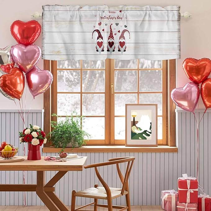 Happy Valentine's Valance Curtains for Kitchen, Day Gnomes Love Heart on Rustic Wood Grain Privacy Rod Pocket Valance Curtain, Light-Filtering Window Treatment for Bedroom Bathroom, 42"x18"