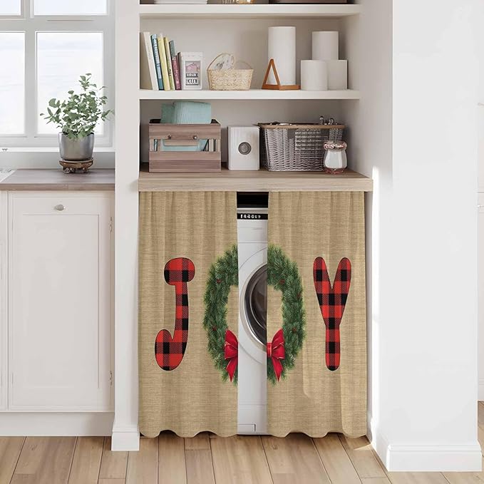 Red Green Christmas Kitchen Curtains 45 Inch Long 2 Panel Set, Rod Pocket Window Treatment, Xmas Botanical Winter Farmhouse Light Filtering Short Curtains & Drapes for Bathroom Laundry 52"W x 45"L