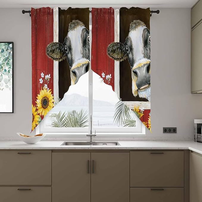 Cows Sunflowers Swag Valances for Windows, Rustic Farms Barns Flowers Bees Animals Rod Pocket Kitchen Curtains Valance, Kitchen Window Curtains Swag for Cafe Bathroom Living Room, 2 Panels, 36x45 inch
