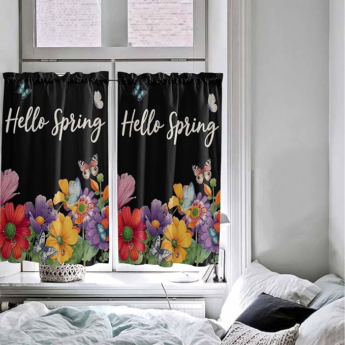 Spring Flowers Kitchen Curtains 54 Inches Length, Watercolor Country Colorful Floral Black Window Treatment Curtain Drapes, Decorative Window Curtains for Bedroom Cafe, 52"x54", 2 Panels