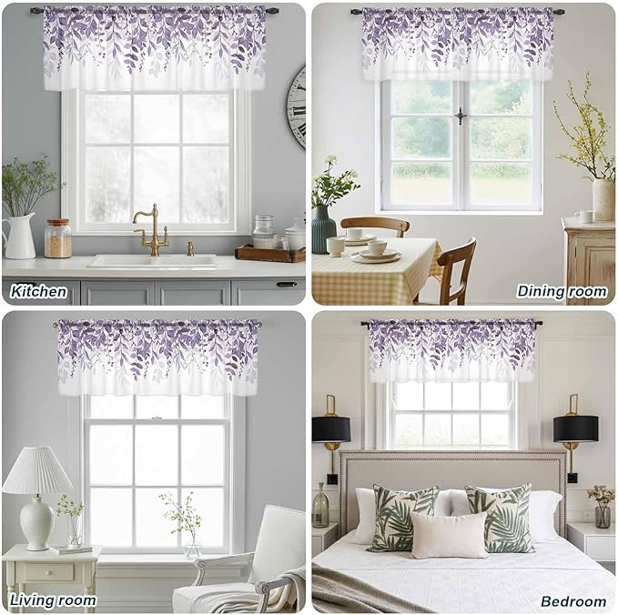 Eucalyptus Leaves Sheer Valance Curtains, Purple Leaves Idyllic Winds Farmhouses Light Filtering Kitchen Valances Rod Pocket Voile Curtain Window Treatment for Bedroom/Living Room/Basement 60Wx18L