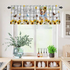 Kitchen Curtains Tiers and Valance Set of 3, Sunflowers Dog Light Filtering Window Curtain Set, Spring Watercolor Floral Stars Grey Plaid Rod Pocket Curtain Drapes for Living Room, 24 Inches Tiers