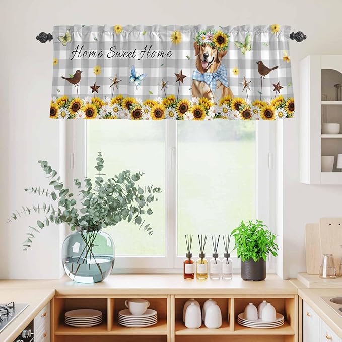 Kitchen Curtains Tiers and Valance Set of 3, Sunflowers Dog Light Filtering Window Curtain Set, Spring Watercolor Floral Stars Grey Plaid Rod Pocket Curtain Drapes for Living Room, 36 Inches Tiers