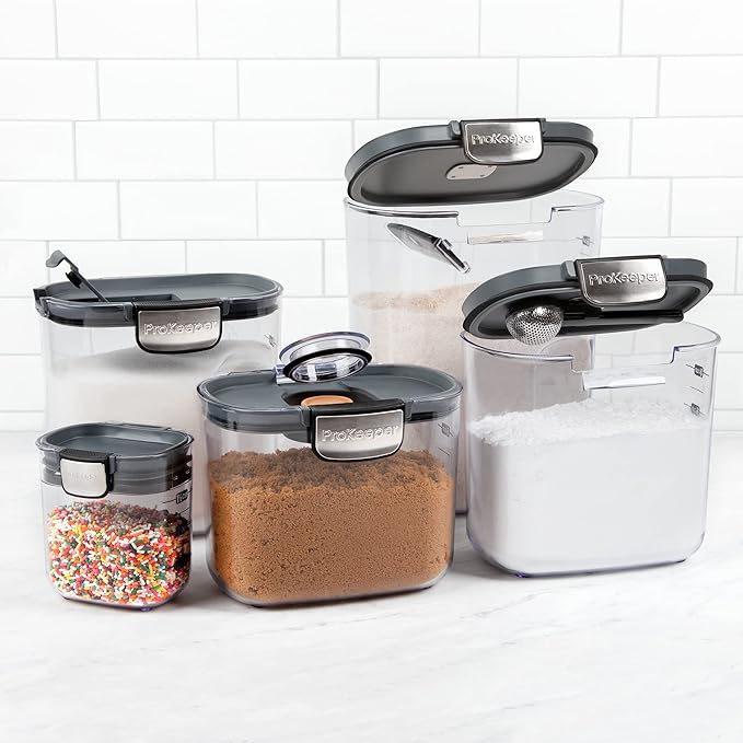ProKeeper+ Airtight Food Storage Container Set – Clear Plastic Flour and Sugar Canister Set with Magnetic Accessories for Kitchen Organization (Grey, 9-Piece)