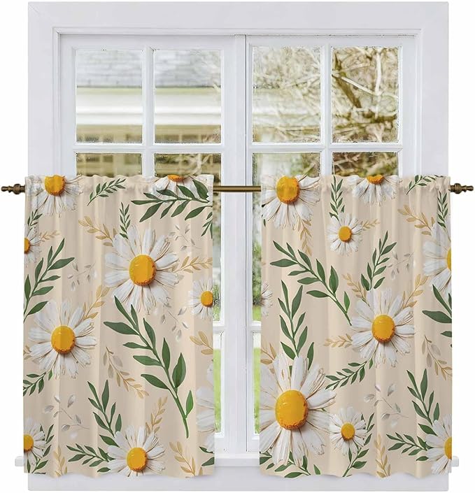 Spring Daisy Tier Curtains, Country Watercolor Flower Leaf Plant Light Filtering Kitchen Curtains, 2Pcs Rod Pocket Half Window Treatments Panels for Sink Cafe Cabinet Basement 27.5x45 Inches