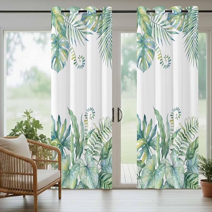 Leaves Outdoor Curtains for Patio Green Leaf Tropical Plants Farmhouse Pastoral Waterproof Outside Curtains with Grommet Top Weatherproof Curtain for Cabana Pergola Gazebo, 1 Panel, 54" W x 84" L