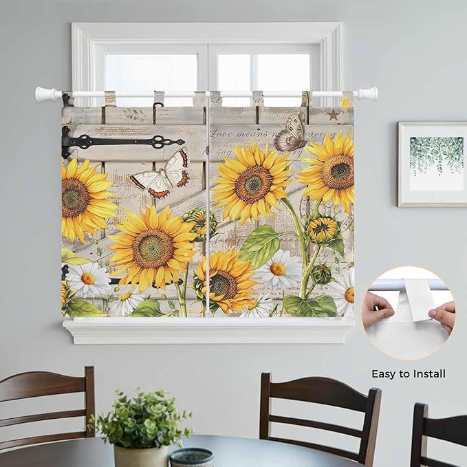 Farm Flowers Kitchen Curtains 45 Inch Length, Short Cafe Window Curtains Tab Top, Retro Sunflowers Barn Doors Butterfly Wood Board Light Filtering Window Treatments Tier Drapes 27.5"x45" 2 Panel