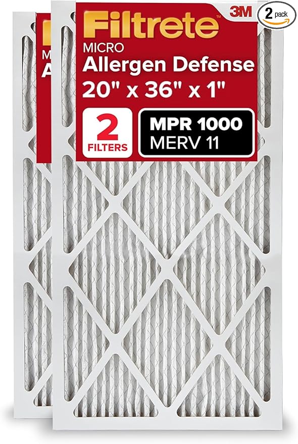 Filtrete 20x36x1 AC Furnace Air Filter, MERV 11, MPR 1000, Micro Allergen Defense, 3-Month Pleated 1-Inch Electrostatic Air Cleaning Filter, 2 Pack (Actual Size 19.81x 35.81x0.81 in)