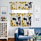 Kitchen Curtains Tiers and Valance Set of 3, Cow Sunflowers Light Filtering Window Curtain Set, Country Vintage Animals Floral Leaves Rod Pocket Curtain Drapes for Cafe, Living Room, 36 Inches Tiers