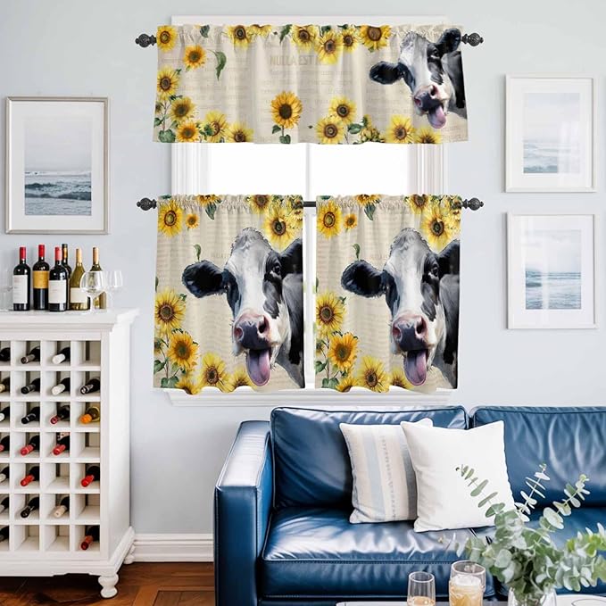Kitchen Curtains Tiers and Valance Set of 3, Cow Sunflowers Light Filtering Window Curtain Set, Country Vintage Animals Floral Leaves Rod Pocket Curtain Drapes for Cafe, Living Room, 36 Inches Tiers
