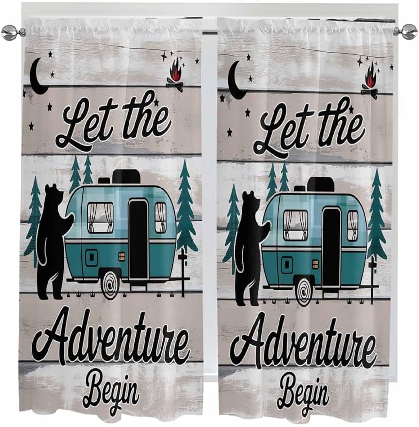 Farmhouse Bear Camper Van Tree Window Valance Curtains, Vintage Wood Grain Light Filtering Kitchen Valance with 3-inch Rod Pocket for Living Room Bathroom Bedroom,2 Panel,42x63In