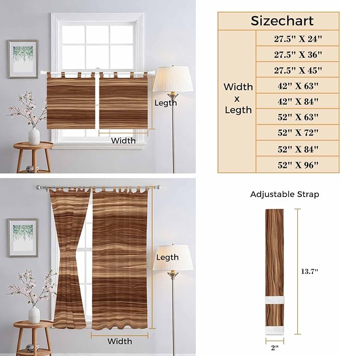 Brown Western Bedroom Curtains 63 Inch Length, Window Curtains Tab Top, Vintage Farmhouse Wood Barn Door Light Filtering Window Treatments Drapes 42"x63" 2 Panel